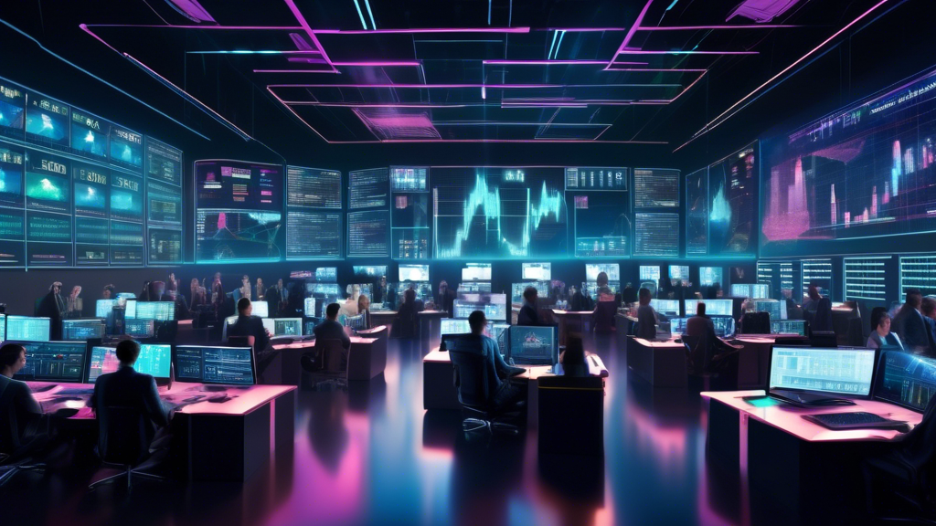 An image of a futuristic trading floor filled with digital screens displaying crypto asset charts and data. Traders of diverse backgrounds are engaging in