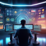 Create an image depicting a digital financial analyst in a futuristic control room filled with multiple holographic screens displaying various cryptocurren