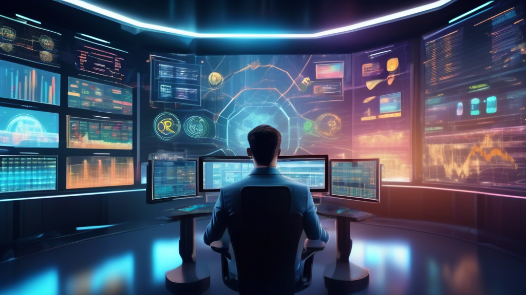 Create an image depicting a digital financial analyst in a futuristic control room filled with multiple holographic screens displaying various cryptocurren