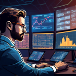 An illustration of a sophisticated crypto trader in front of multiple screens showcasing live cryptocurrency charts, analytics, and trading strategies. The