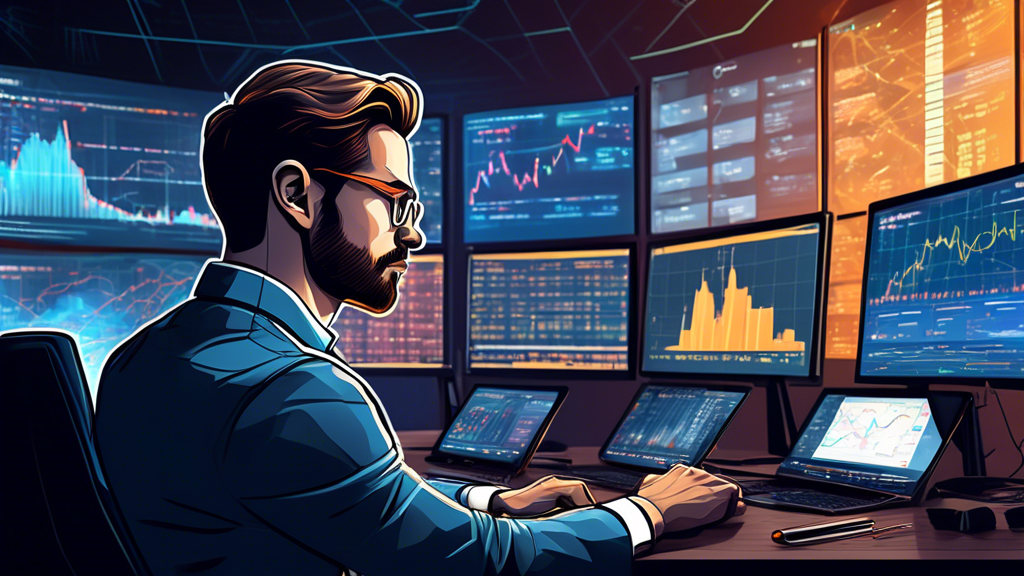 An illustration of a sophisticated crypto trader in front of multiple screens showcasing live cryptocurrency charts, analytics, and trading strategies. The