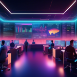 Create an image that portrays a bustling crypto trading office with digital screens displaying various cryptocurrencies and market charts. The atmosphere i