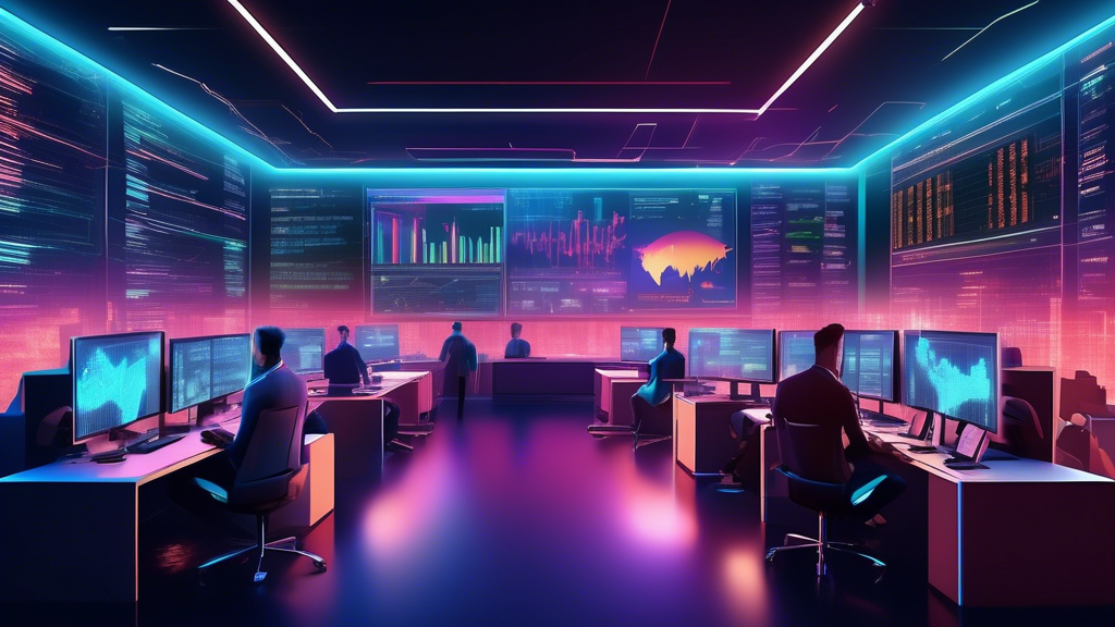 Create an image that portrays a bustling crypto trading office with digital screens displaying various cryptocurrencies and market charts. The atmosphere i