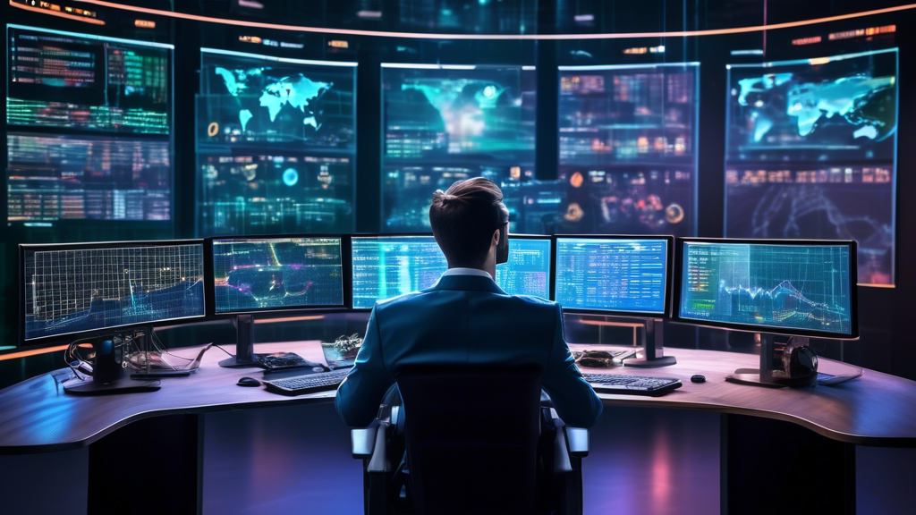 Create an image of a sophisticated crypto trader in a high-tech trading room, surrounded by multiple computer screens displaying real-time cryptocurrency c