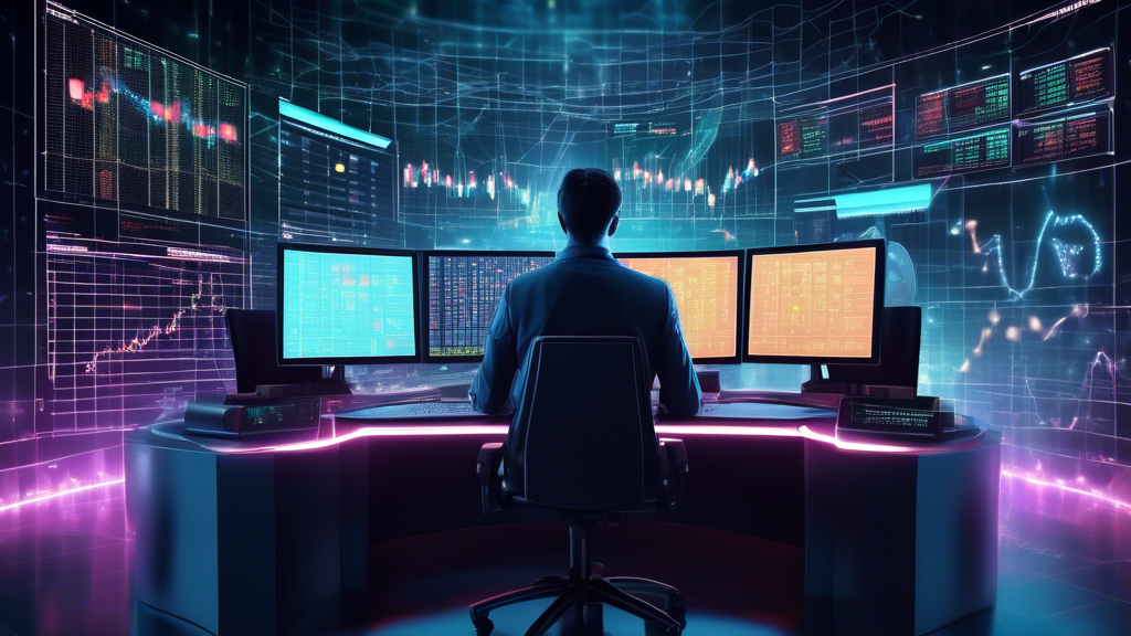 Create an image of a futuristic digital trading desk filled with glowing screens displaying cryptocurrency charts and analytics. In the center, a trader is