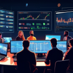 Create an image of a diverse group of novice traders gathered around a large, digital trading screen displaying various cryptocurrencies like Bitcoin, Ethe