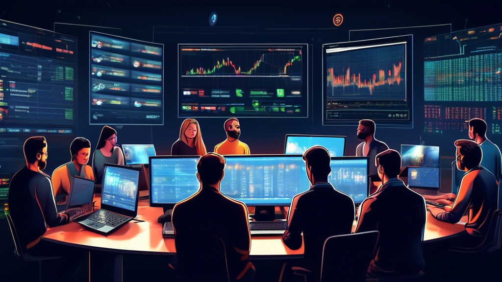 Create an image of a diverse group of novice traders gathered around a large, digital trading screen displaying various cryptocurrencies like Bitcoin, Ethe