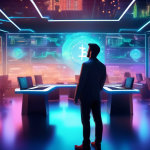 Create an image of a futuristic trading room filled with screens displaying various cryptocurrency charts and data. The room's atmosphere is vibrant and hi