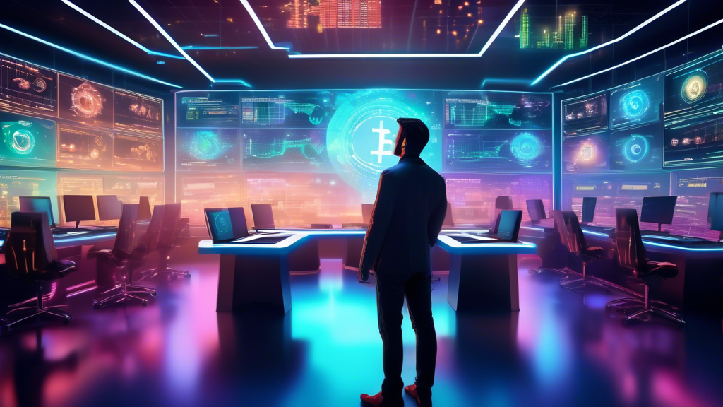 Create an image of a futuristic trading room filled with screens displaying various cryptocurrency charts and data. The room's atmosphere is vibrant and hi