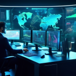 Create an image of a futuristic digital dashboard in a high-tech financial control room, filled with holographic charts, graphs, and data streams represent