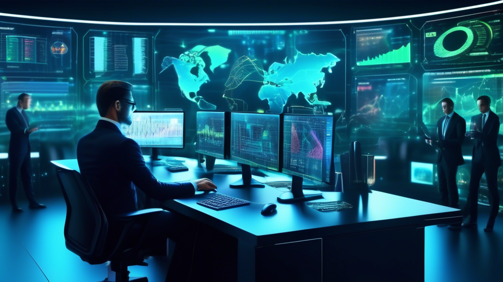 Create an image of a futuristic digital dashboard in a high-tech financial control room, filled with holographic charts, graphs, and data streams represent