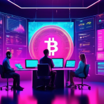 Create an image of a futuristic trading dashboard with vibrant neon colors, displaying various cryptocurrency graphs and analytics. In the center, a divers