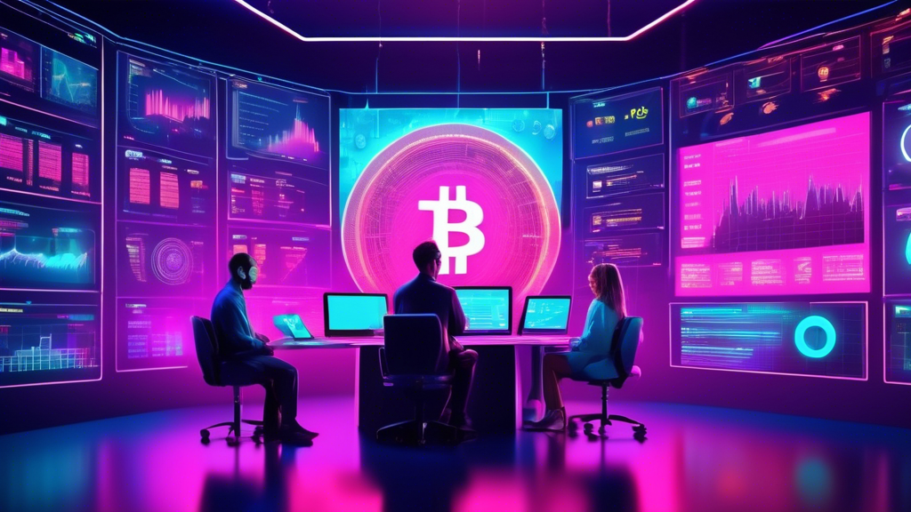 Create an image of a futuristic trading dashboard with vibrant neon colors, displaying various cryptocurrency graphs and analytics. In the center, a divers