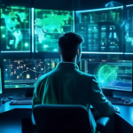 Create an image of a futuristic, digital trading office filled with holographic charts and graphs displaying various cryptocurrencies. The room is bathed i