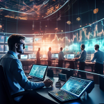 Create an image depicting a high-tech, futuristic trading floor where professional traders are analyzing multiple screens filled with complex cryptocurrenc