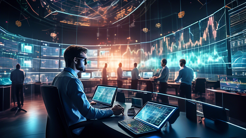 Create an image depicting a high-tech, futuristic trading floor where professional traders are analyzing multiple screens filled with complex cryptocurrenc