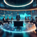 Create an image of a futuristic financial boardroom with digital screens displaying cryptocurrency charts and data. Show diverse traders and analysts activ