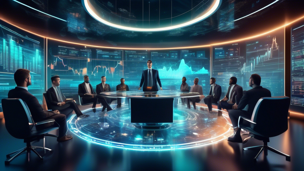 Create an image of a futuristic financial boardroom with digital screens displaying cryptocurrency charts and data. Show diverse traders and analysts activ