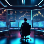 Create an image of a futuristic trading desk filled with multiple computer monitors displaying intricate graphs and charts of cryptocurrency trends. The sc