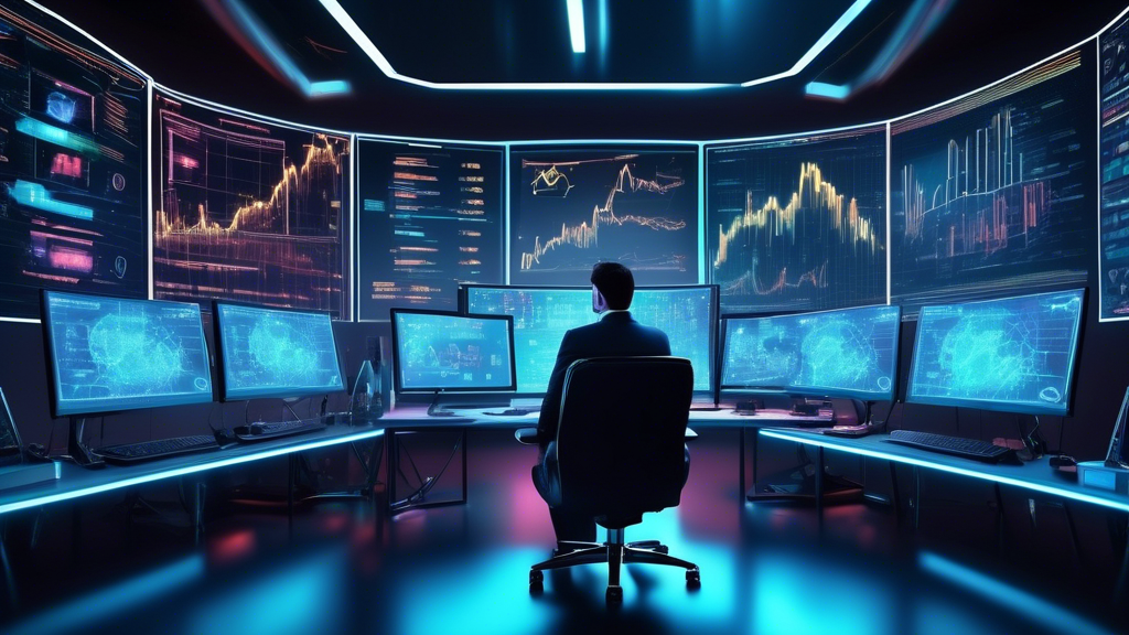 Create an image of a futuristic trading desk filled with multiple computer monitors displaying intricate graphs and charts of cryptocurrency trends. The sc