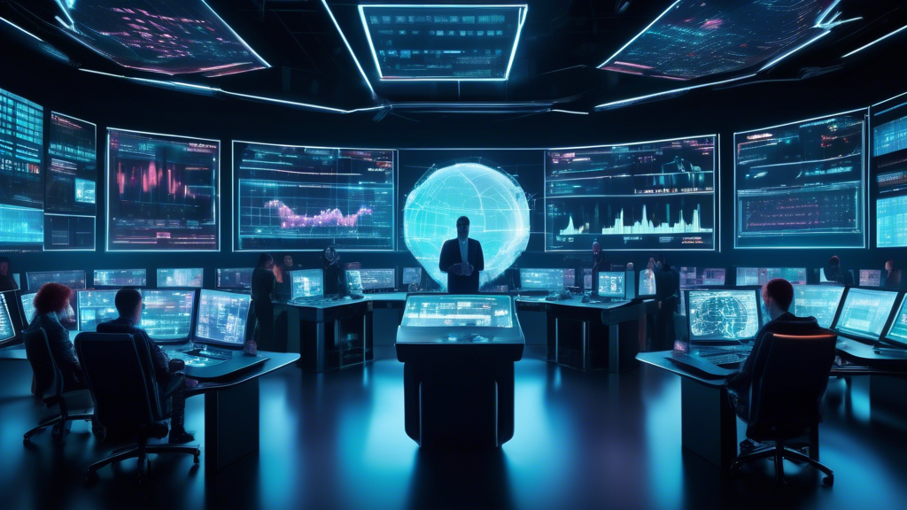 Create an image depicting a futuristic, high-tech control room filled with digital screens displaying graphs, charts, and crypto price movements. A diverse