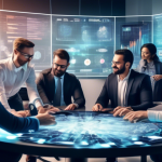 Create an image of a diverse group of retail investors engaged in cryptocurrency trading, gathered around a large, interactive digital table displaying cha