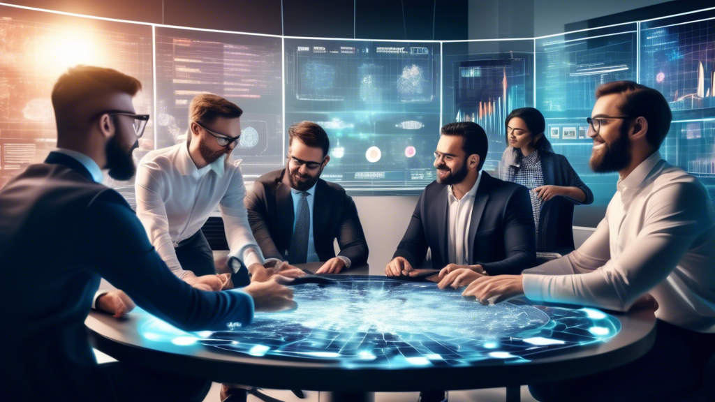 Create an image of a diverse group of retail investors engaged in cryptocurrency trading, gathered around a large, interactive digital table displaying cha