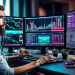 An image of a crypto trader in a modern, high-tech trading office surrounded by multiple computer screens displaying complex charts and data analytics. The