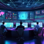 Create an image showcasing a futuristic trading room filled with holographic screens displaying cryptocurrency charts and graphs. The room is occupied by a