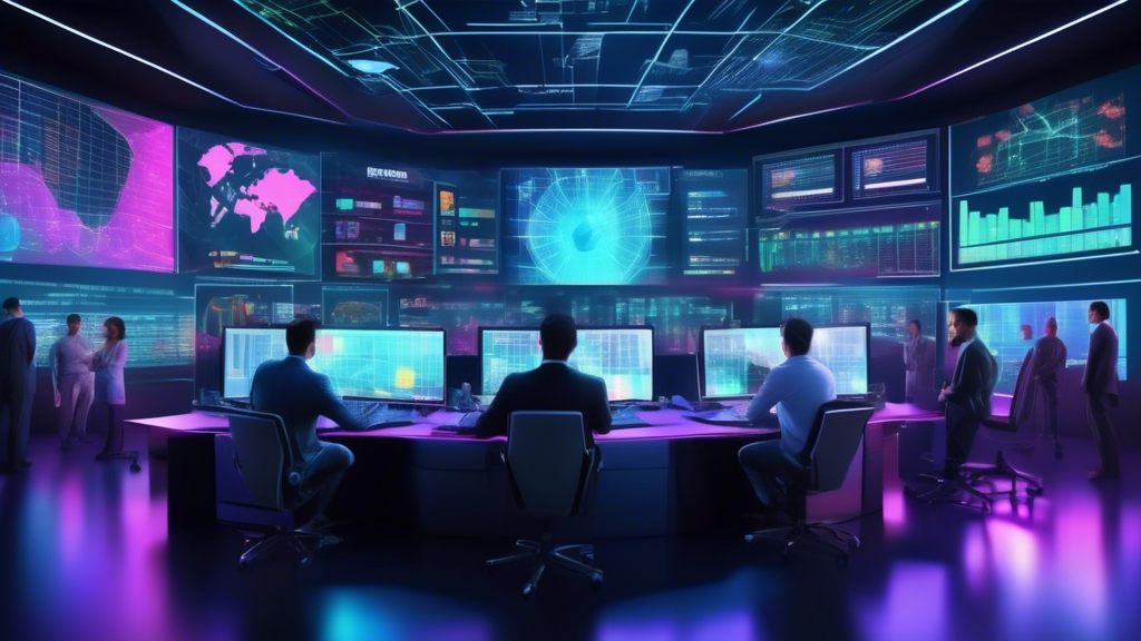 Create an image showcasing a futuristic trading room filled with holographic screens displaying cryptocurrency charts and graphs. The room is occupied by a