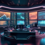 Create an image of a futuristic trading room filled with advanced computer screens displaying various cryptocurrency charts and data. The focus is on a ski