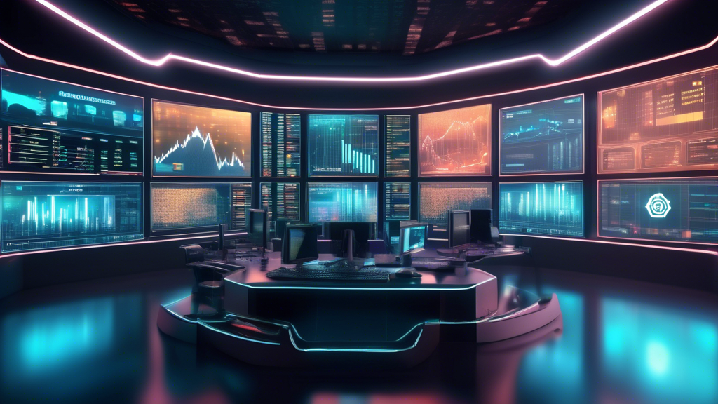 Create an image of a futuristic trading room filled with advanced computer screens displaying various cryptocurrency charts and data. The focus is on a ski