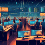 Create an illustrative image depicting a bustling digital trading room where multiple screens display fluctuating cryptocurrency charts and analytics. The