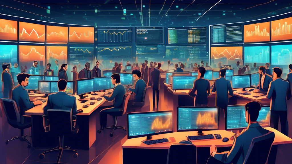 Create an illustrative image depicting a bustling digital trading room where multiple screens display fluctuating cryptocurrency charts and analytics. The