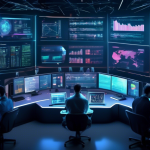 Create an image of a futuristic digital control room where a diverse group of traders is analyzing various cryptocurrency data streams displayed on large h