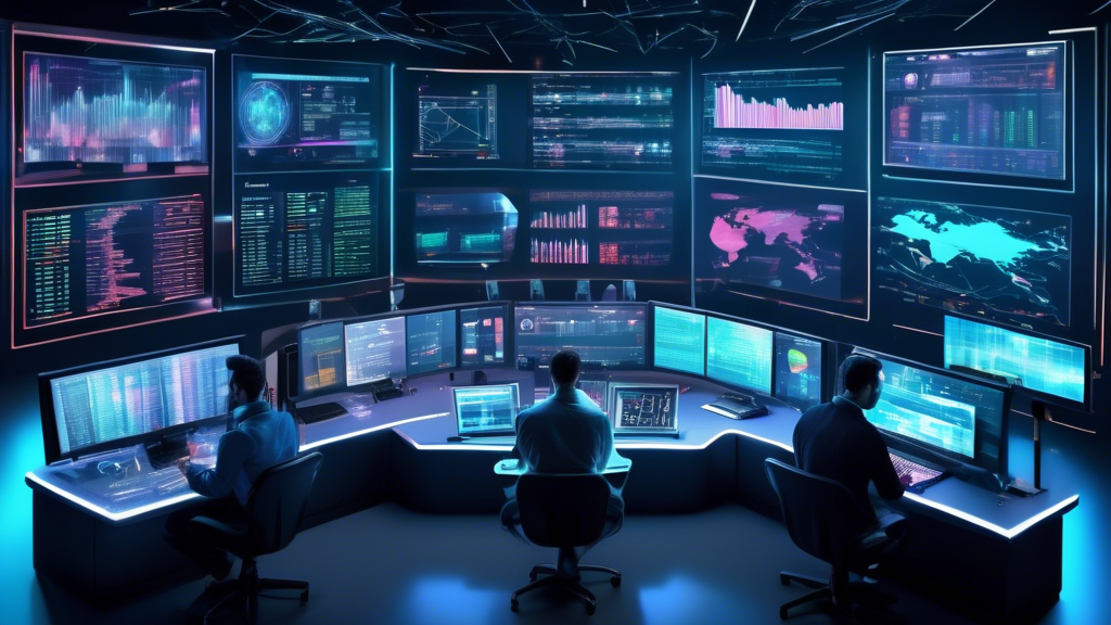 Create an image of a futuristic digital control room where a diverse group of traders is analyzing various cryptocurrency data streams displayed on large h