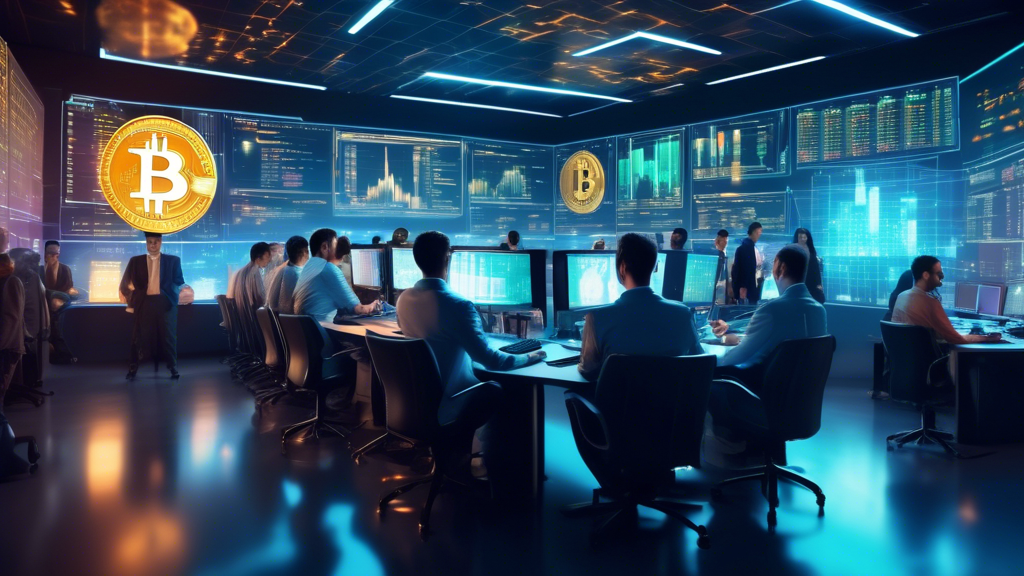 Create an image of a futuristic, high-tech trading room filled with glowing monitors displaying cryptocurrency graphs and data. In the center, a diverse te