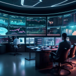 Create an image of a futuristic cryptocurrency trading room filled with multiple digital screens displaying real-time data, charts, and graphs. The room is