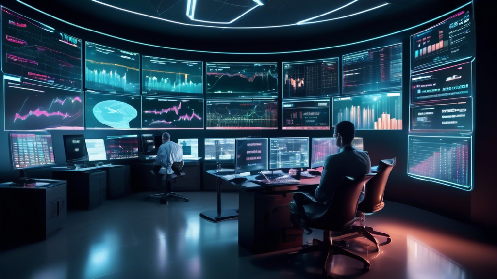 Create an image of a futuristic cryptocurrency trading room filled with multiple digital screens displaying real-time data, charts, and graphs. The room is