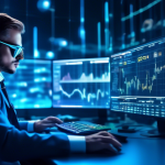 Create an image of a futuristic trading desk filled with advanced technology where a seasoned crypto trader is deeply focused. The desk is cluttered with h