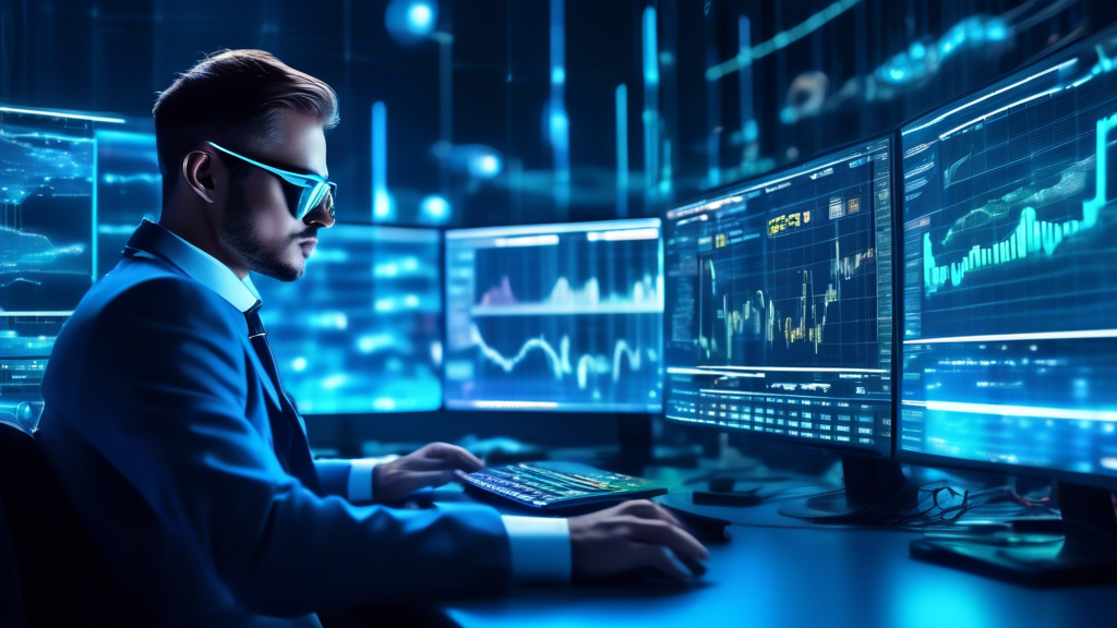 Create an image of a futuristic trading desk filled with advanced technology where a seasoned crypto trader is deeply focused. The desk is cluttered with h