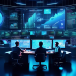 Create an image depicting a futuristic high-tech trading room buzzing with activity, featuring diverse traders engaged in analyzing complex digital financi