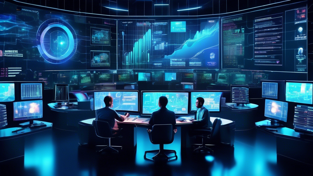 Create an image depicting a futuristic high-tech trading room buzzing with activity, featuring diverse traders engaged in analyzing complex digital financi