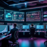 Create an image of a futuristic command center where a diverse group of enthusiastic traders is actively engaged in crypto trading. The room is filled with