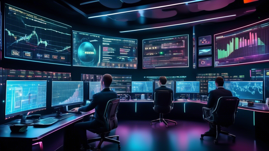 Create an image of a futuristic command center where a diverse group of enthusiastic traders is actively engaged in crypto trading. The room is filled with