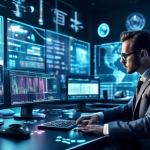 Create an image of a sleek, futuristic command center with multiple high-resolution screens displaying complex cryptocurrency charts and data. In the foreg