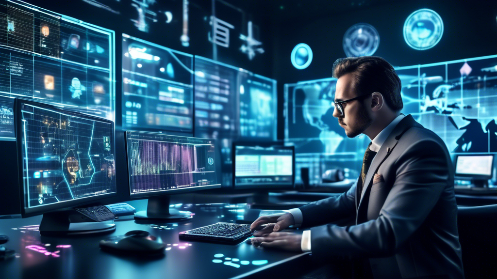 Create an image of a sleek, futuristic command center with multiple high-resolution screens displaying complex cryptocurrency charts and data. In the foreg