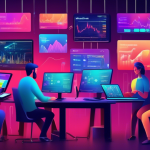 Create an image depicting a diverse group of trading hobbyists gathered around a digital setup, with screens showing colorful cryptocurrencies charts and g