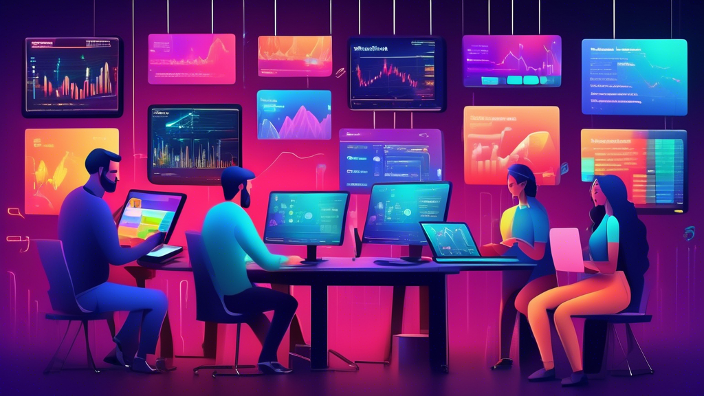 Create an image depicting a diverse group of trading hobbyists gathered around a digital setup, with screens showing colorful cryptocurrencies charts and g