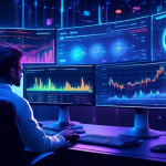 Create an image depicting a digital trading workspace with multiple computer monitors displaying a variety of colorful cryptocurrency charts and graphs, su